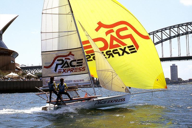 Pace Express, skippered by David Witt in the early 1990s photo copyright Frank Quealey taken at Australian 18 Footers League and featuring the 18ft Skiff class