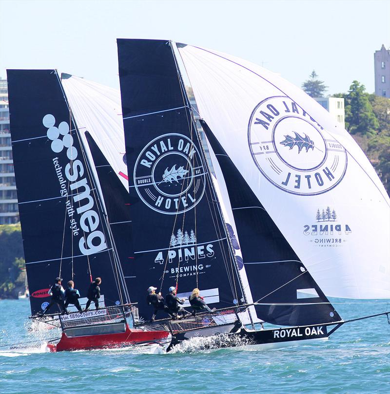 The Oak Double Bay-4 Pines and Smeg on a tight spinnaker run photo copyright Frank Quealey taken at Australian 18 Footers League and featuring the 18ft Skiff class