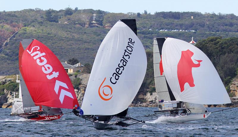 Action down the first spinnakeer run during race 1 of the 18ft Skiff Spring Championship photo copyright Frank Quealey taken at Australian 18 Footers League and featuring the 18ft Skiff class