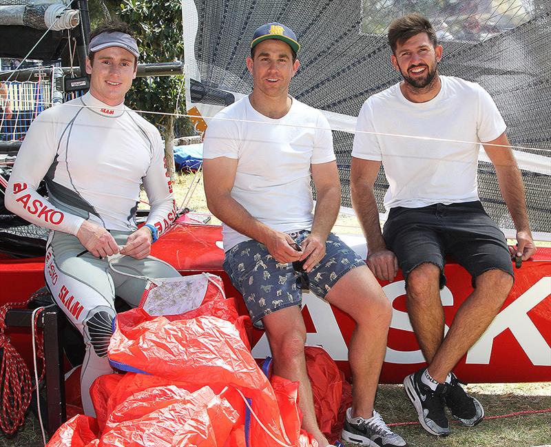 Marcus Ashley-Jones with Jeronimo Harrison (left) and Seve Jarvin (right) at the 2017 JJs photo copyright Frank Quealey taken at Australian 18 Footers League and featuring the 18ft Skiff class