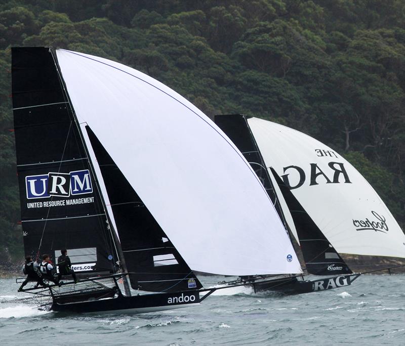 Andoo and Rag and Famish Hotel mid-fleet during race 1 of the 18ft Skiff Club Championship photo copyright Frank Quealey taken at Australian 18 Footers League and featuring the 18ft Skiff class