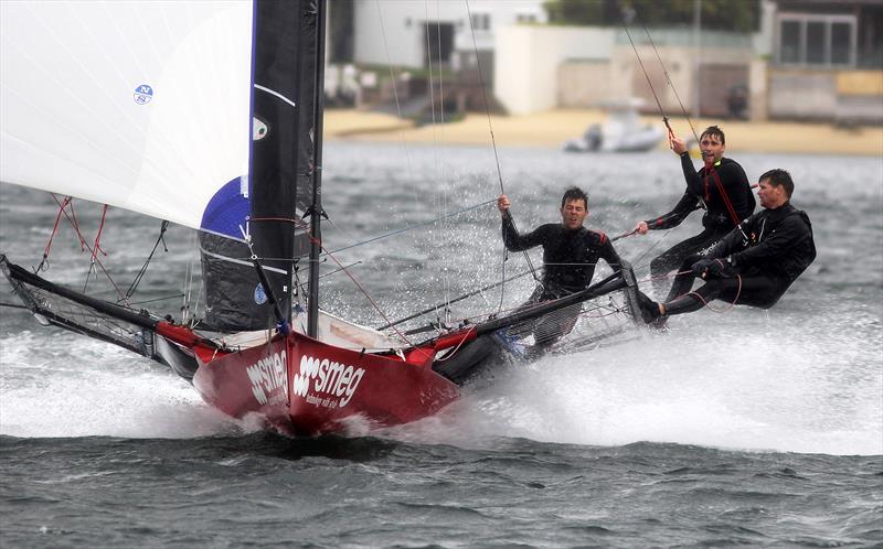 The look on the faces of the Smeg crew tell a story during 18ft Skiff Spring Championship race 4 photo copyright Frank Quealey taken at Australian 18 Footers League and featuring the 18ft Skiff class