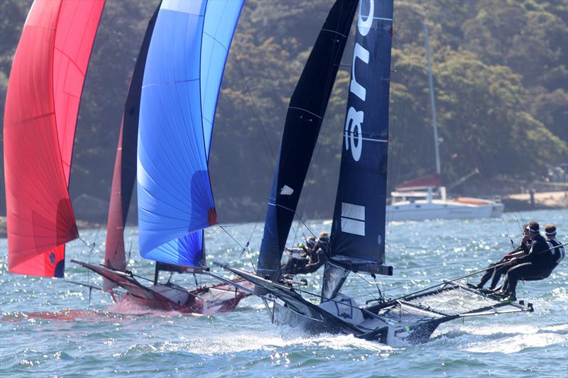 tech2 holds off Andoo on the second spinnaker run during 18ft Skiff Spring Championship Race 7 photo copyright Frank Quealey taken at Australian 18 Footers League and featuring the 18ft Skiff class