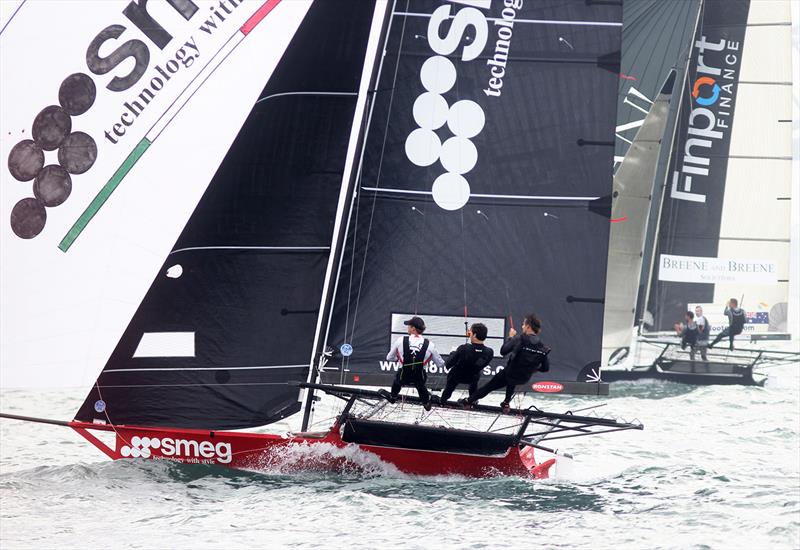 Two top teams in close battle during Race 1 of the 18ft Skiff NSW Championship photo copyright Frank Quealey taken at Australian 18 Footers League and featuring the 18ft Skiff class