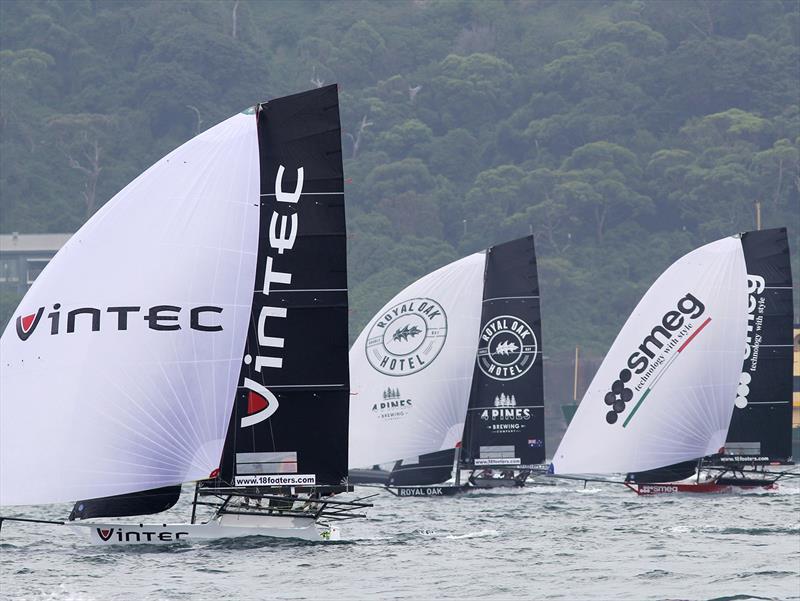 First spinnaker run during Race 1 of the 18ft Skiff NSW Championship photo copyright Frank Quealey taken at Australian 18 Footers League and featuring the 18ft Skiff class