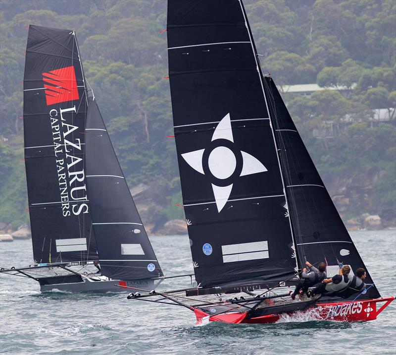 The experienced Noakesailing team cross ahead of the rookie Lazarus Capital Partners team photo copyright Frank Quealey taken at Australian 18 Footers League and featuring the 18ft Skiff class