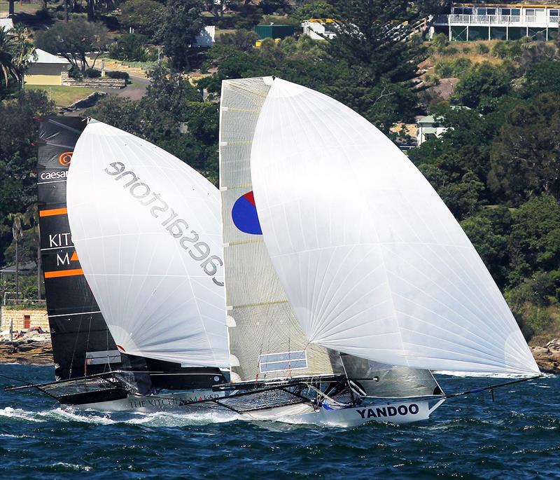 Yandoo and The Kitchen Maker-Caesarstone in a typical NE spinnaker run on Sydney Harbour photo copyright Frank Quealey taken at Australian 18 Footers League and featuring the 18ft Skiff class
