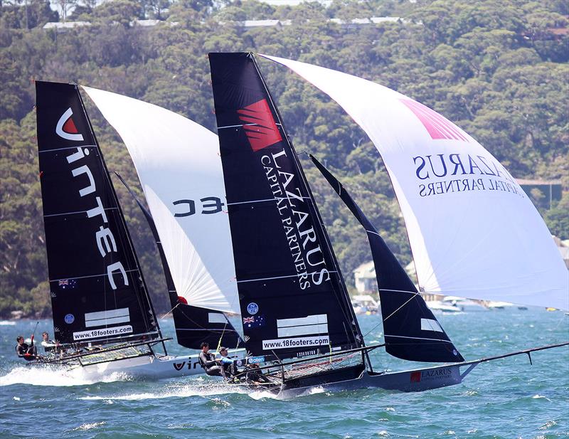 Two of the rookie teams show their downwind speed last Sunday during the 18ft Skiff NSW Championship - photo © Frank Quealey