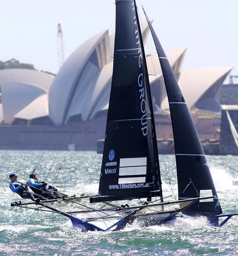 Winning Group leading the fleet to the windward mark in last Sunday's Race 3 of the 18ft Skiff NSW Championship photo copyright Frank Quealey taken at Australian 18 Footers League and featuring the 18ft Skiff class