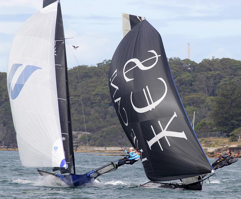 Winning Group and Finport Finance just 100 metres from the finish line during 18ft Skiff NSW Championship Race 4 photo copyright Frank Quealey taken at Australian 18 Footers League and featuring the 18ft Skiff class