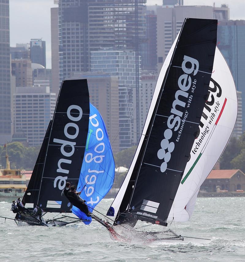 Teams battle as the wind direction changes during 18ft Skiff NSW Championship Race 4 photo copyright Frank Quealey taken at Australian 18 Footers League and featuring the 18ft Skiff class