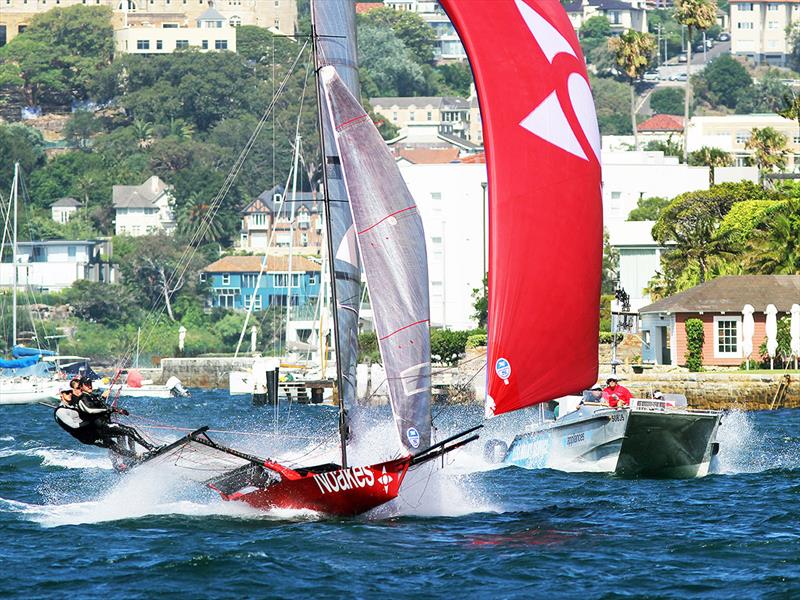 Noakesailing races the Australian 18 Footer League's video team boat to another victory on Sydney Harbour photo copyright Frank Quealey taken at Australian 18 Footers League and featuring the 18ft Skiff class