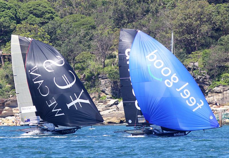 Close battle all through the race between Andoo and Finport Finance during 18ft Skiff NSW Championship Race 5 photo copyright Frank Quealey taken at Australian 18 Footers League and featuring the 18ft Skiff class