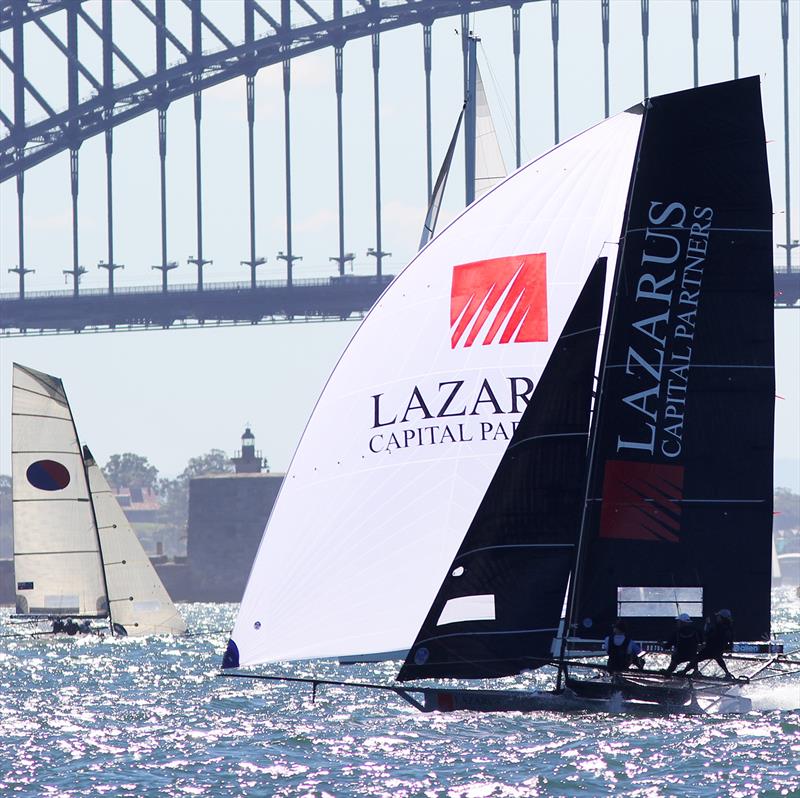 Lazarus Capital Partners and Yandoo near the bottom mark during 18ft Skiff NSW Championship Race 5 photo copyright Frank Quealey taken at Australian 18 Footers League and featuring the 18ft Skiff class
