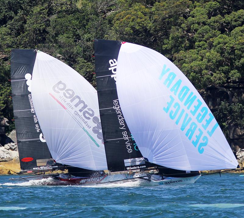 More close racing under spinnaker during 18ft Skiff NSW Championship Race 5 photo copyright Frank Quealey taken at Australian 18 Footers League and featuring the 18ft Skiff class
