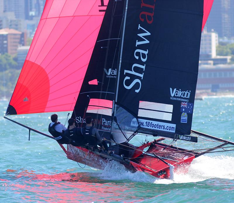 Shaw and Partners Financial Services team battled with a smaller rig during 18ft Skiff NSW Championship Race 5 photo copyright Frank Quealey taken at Australian 18 Footers League and featuring the 18ft Skiff class
