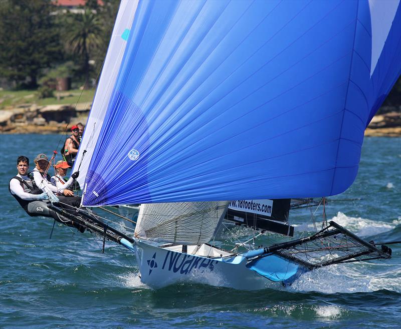 Noakes Blue on the run to the bottom mark off Clark Island during 18ft Skiff NSW Championship Race 5 photo copyright Frank Quealey taken at Australian 18 Footers League and featuring the 18ft Skiff class