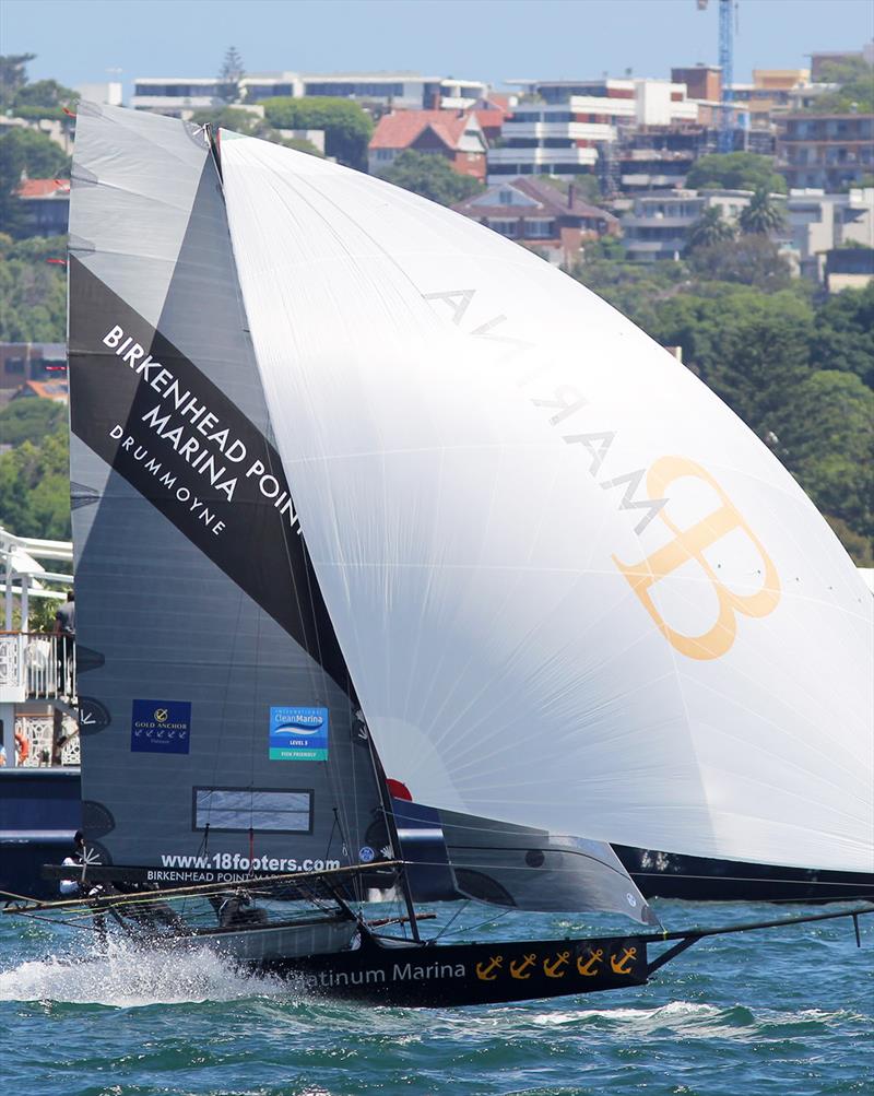 Birkenhead Point Marina on the first spinnaker run during the 18ft Skiff NSW Championship final race photo copyright Frank Quealey taken at Australian 18 Footers League and featuring the 18ft Skiff class