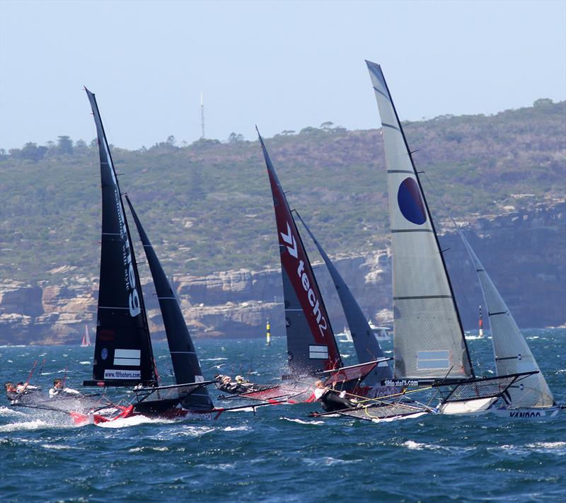 Battle to the top mark during race 2 of the 18ft Skiff Australian Championship photo copyright Frank Quealey taken at Australian 18 Footers League and featuring the 18ft Skiff class