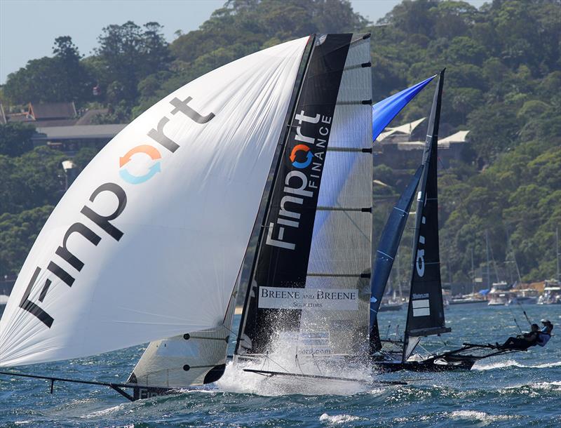 Finport Finance home just ahead of Andoo in Race 2 of the 18ft Skiff Australian Championship photo copyright Frank Quealey taken at Australian 18 Footers League and featuring the 18ft Skiff class