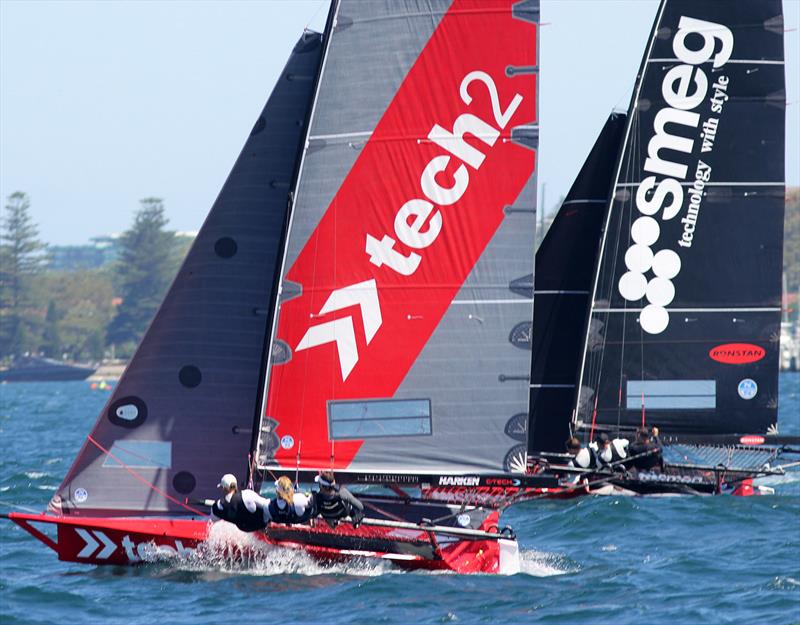 tech2 and Smeg staged a day-long battle during race 2 & 3 of the 18ft Skiff Australian Championship photo copyright Frank Quealey taken at Australian 18 Footers League and featuring the 18ft Skiff class
