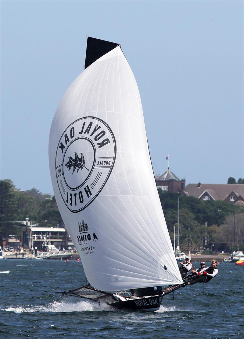 The Oak Double Bay-4 Pines heads to the finish line as winner of Race 6 of the 18ft Skiff Australian Championship photo copyright Frank Quealey taken at Australian 18 Footers League and featuring the 18ft Skiff class