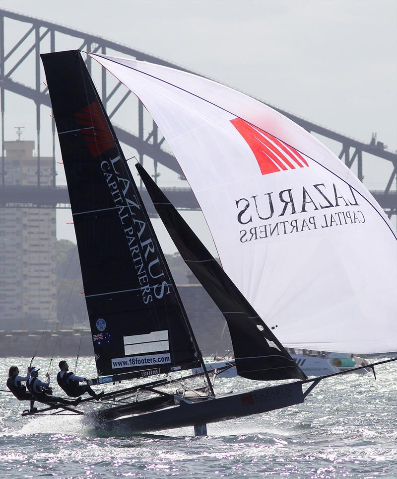 Lazarus Capital Partners flies on Sydney Harbour during Race 8 of the 18ft Skiff Australian Championship photo copyright Frank Quealey taken at Australian 18 Footers League and featuring the 18ft Skiff class