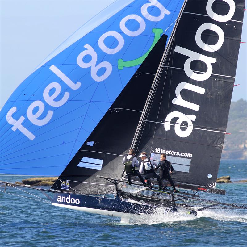 Andoo on the run across the harbour from Rose Bay during Race 8 of the 18ft Skiff Australian Championship photo copyright Frank Quealey taken at Australian 18 Footers League and featuring the 18ft Skiff class