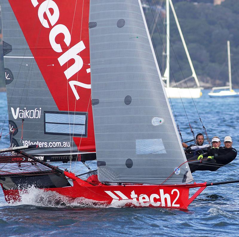 Only a few metres from the finish line but it was still total concentration by the tech2 team members during Race 8 of the 18ft Skiff Australian Championship photo copyright Frank Quealey taken at Australian 18 Footers League and featuring the 18ft Skiff class