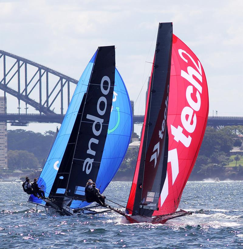 Two leaders down the long spinnaker run to Robertson Point in race 9 of the 18ft Skiff Australian Championship photo copyright Frank Quealey taken at Australian 18 Footers League and featuring the 18ft Skiff class