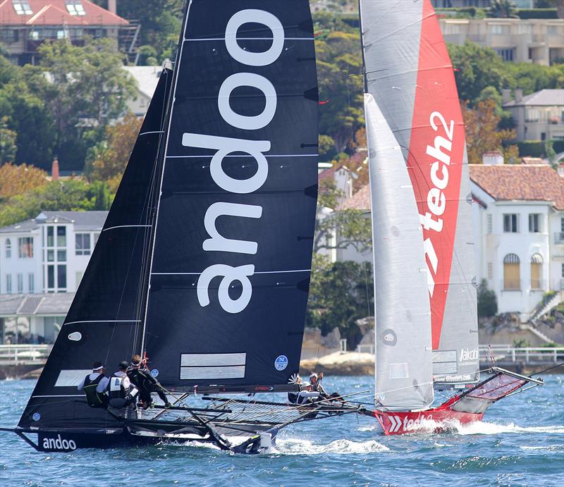 Andoo leads narrowly at the first windward mark during race 9 of the 18ft Skiff Australian Championship photo copyright Frank Quealey taken at Australian 18 Footers League and featuring the 18ft Skiff class