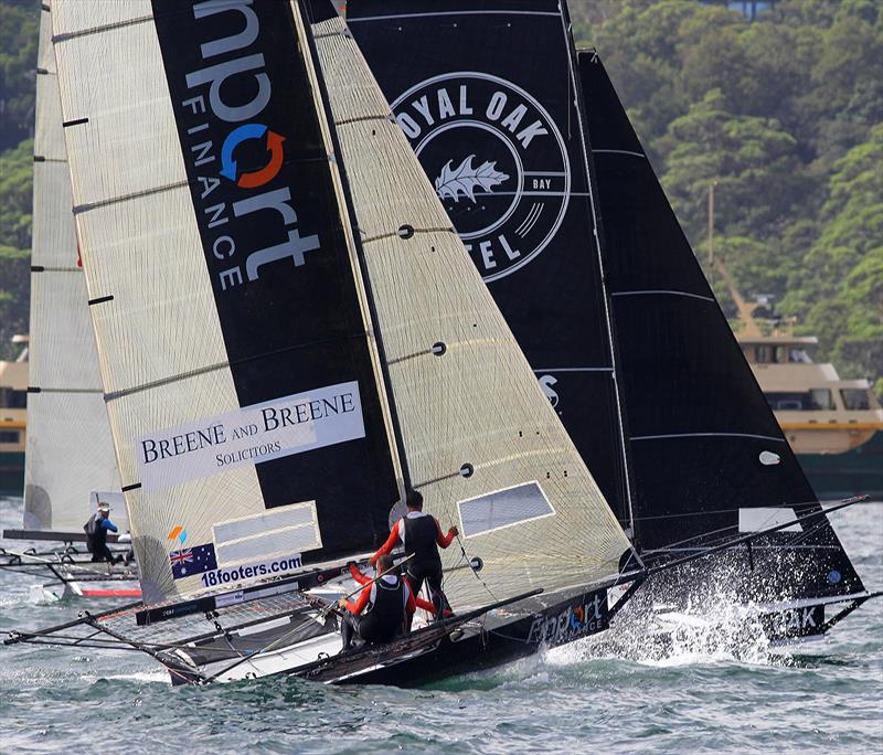 Finport Finance beats The Oak Double Bay-4 Pines home by just 2 seconds in race 9 of the 18ft Skiff Australian Championship photo copyright Frank Quealey taken at Australian 18 Footers League and featuring the 18ft Skiff class
