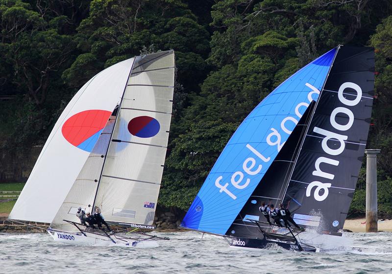 18ft Skiff JJ Giltinan Championship day 1: Yandoo leads Andoo to the bottom mark photo copyright Frank Quealey taken at Australian 18 Footers League and featuring the 18ft Skiff class