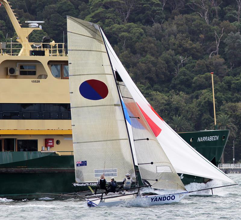 18ft Skiff JJ Giltinan Championship day 1: Yandoo battles the Manly Ferry photo copyright Frank Quealey taken at Australian 18 Footers League and featuring the 18ft Skiff class