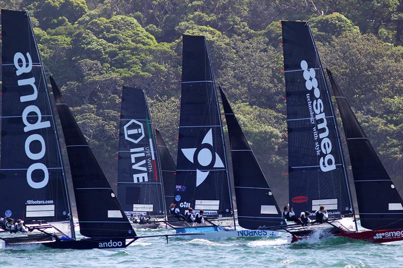 18ft Skiff JJ Giltinan Championship day 2: Race 2 start photo copyright Frank Quealey taken at Australian 18 Footers League and featuring the 18ft Skiff class
