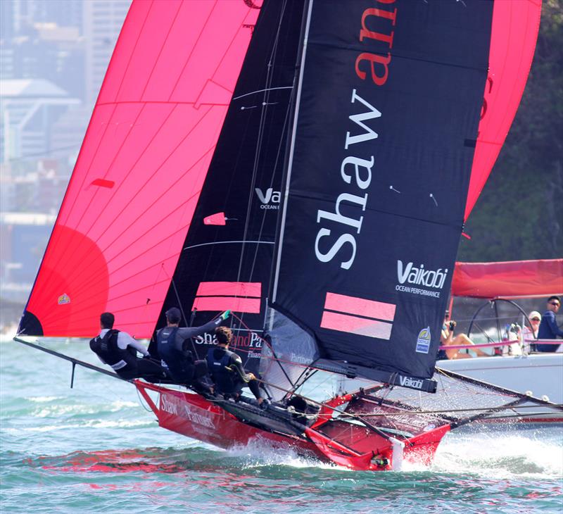 18ft Skiff JJ Giltinan Championship day 2: Shaw and Partners give a spectator craft a close up view of an 18 under spinnaker - photo © Frank Quealey