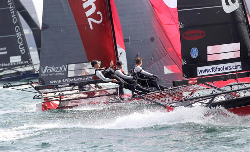 18ft Skiff JJ Giltinan Championship day 3: Battle of the big guns on the first spinnaker run photo copyright Frank Quealey taken at Australian 18 Footers League and featuring the 18ft Skiff class