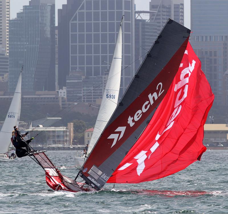 18ft Skiff JJ Giltinan Championship day 3: Near capsize for tech2 in Race 3 photo copyright Frank Quealey taken at Australian 18 Footers League and featuring the 18ft Skiff class