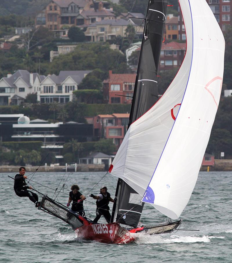 18ft Skiff JJ Giltinan Championship day 3: Noakesailing team prepares for the drop at the bottom mark in Race 4 photo copyright Frank Quealey taken at Australian 18 Footers League and featuring the 18ft Skiff class