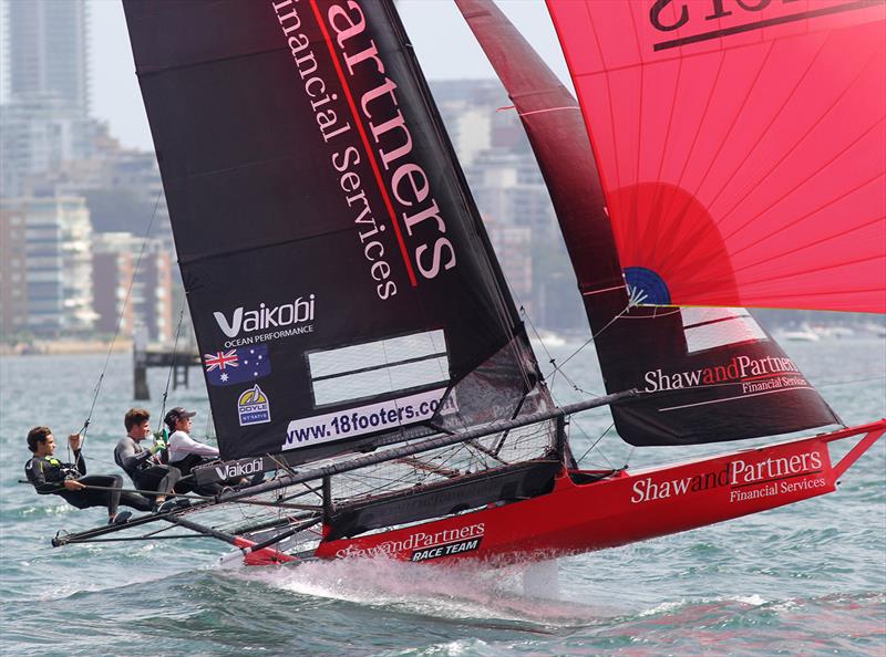 18ft Skiff JJ Giltinan Championship day 3: Shaw & Partners fly downwind photo copyright Frank Quealey taken at Australian 18 Footers League and featuring the 18ft Skiff class