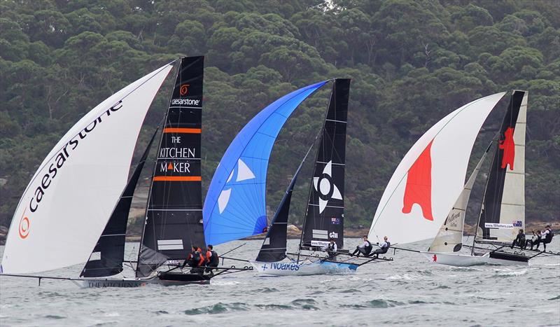 18ft Skiff JJ Giltinan Championship day 5: Fleet on the tricky first spinnaker run photo copyright Frank Quealey taken at Australian 18 Footers League and featuring the 18ft Skiff class