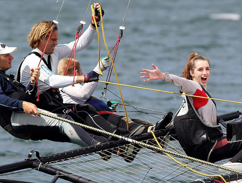 18ft Skiff Queen of the Harbour: A happy winner photo copyright Frank Quealey taken at Australian 18 Footers League and featuring the 18ft Skiff class