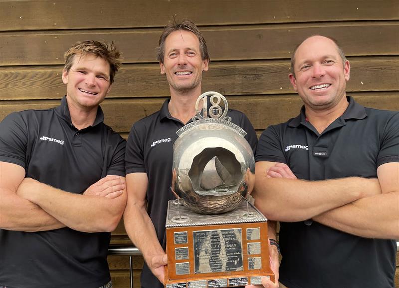 Victorious Smeg team with the JJ Giltinan world Championship trophy photo copyright Jessica Crisp taken at Australian 18 Footers League and featuring the 18ft Skiff class