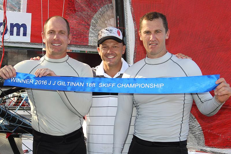 2016 JJ Giltinan Championship-winning Smeg Team (from left, Ricky Bridge, Lee Knapton, Mike McKensey) photo copyright Frank Quealey taken at Australian 18 Footers League and featuring the 18ft Skiff class