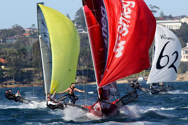 David Witt drives Smeg to the bottom mark in the 2014-2015 season photo copyright Frank Quealey taken at Australian 18 Footers League and featuring the 18ft Skiff class