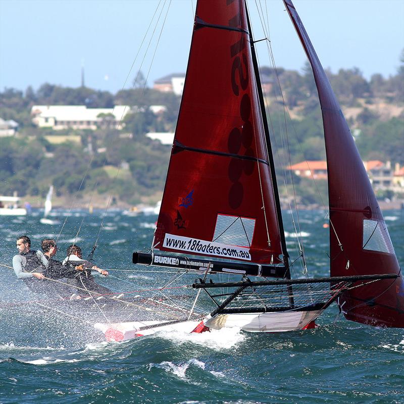 Nick Press and his team drives Smeg into the teeth of a strong North East wind on Sydney Harbour photo copyright Frank Quealey taken at Australian 18 Footers League and featuring the 18ft Skiff class