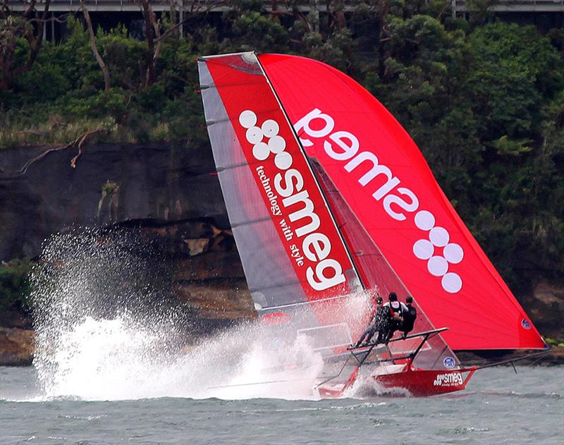 Sneg showing how fast can you go in a Sydney Harbour Southerly wind photo copyright Frank Quealey taken at Australian 18 Footers League and featuring the 18ft Skiff class