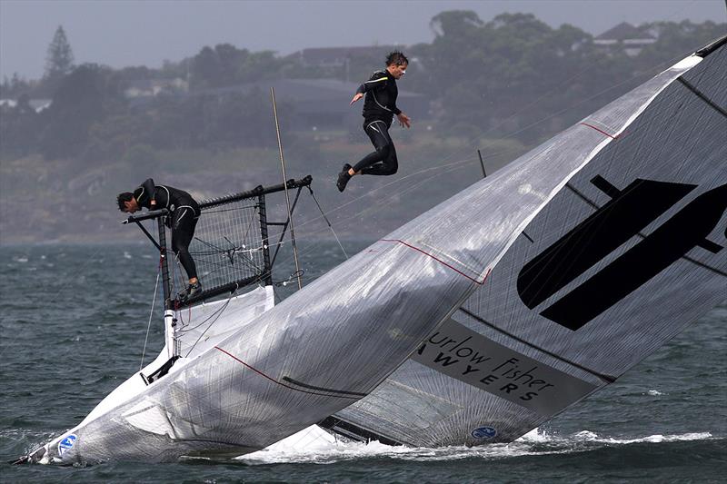 This dismount must be close to a '10' photo copyright Frank Quealey taken at Australian 18 Footers League and featuring the 18ft Skiff class