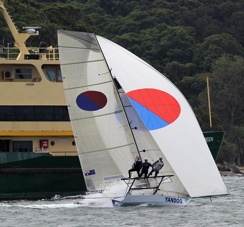 'Woody' manages to avoid the ferry traffic during the JJs on Sydney Harbour photo copyright Frank Quealey taken at Australian 18 Footers League and featuring the 18ft Skiff class