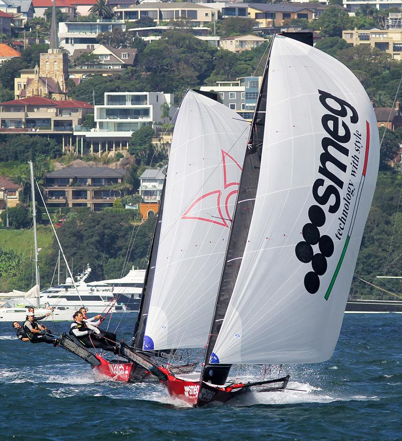 Smeg and Noakesailing race to the finish line in the JJ Giltinan world Championship photo copyright Frank Quealey taken at Australian 18 Footers League and featuring the 18ft Skiff class